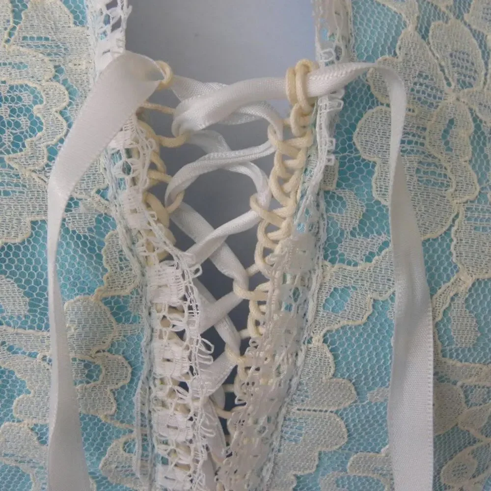 Vintage 70s Blue Prairie Maxi Dress Gunne Sax Style XS Lace Up Cottagecore Boho - Picture 5 of 11
